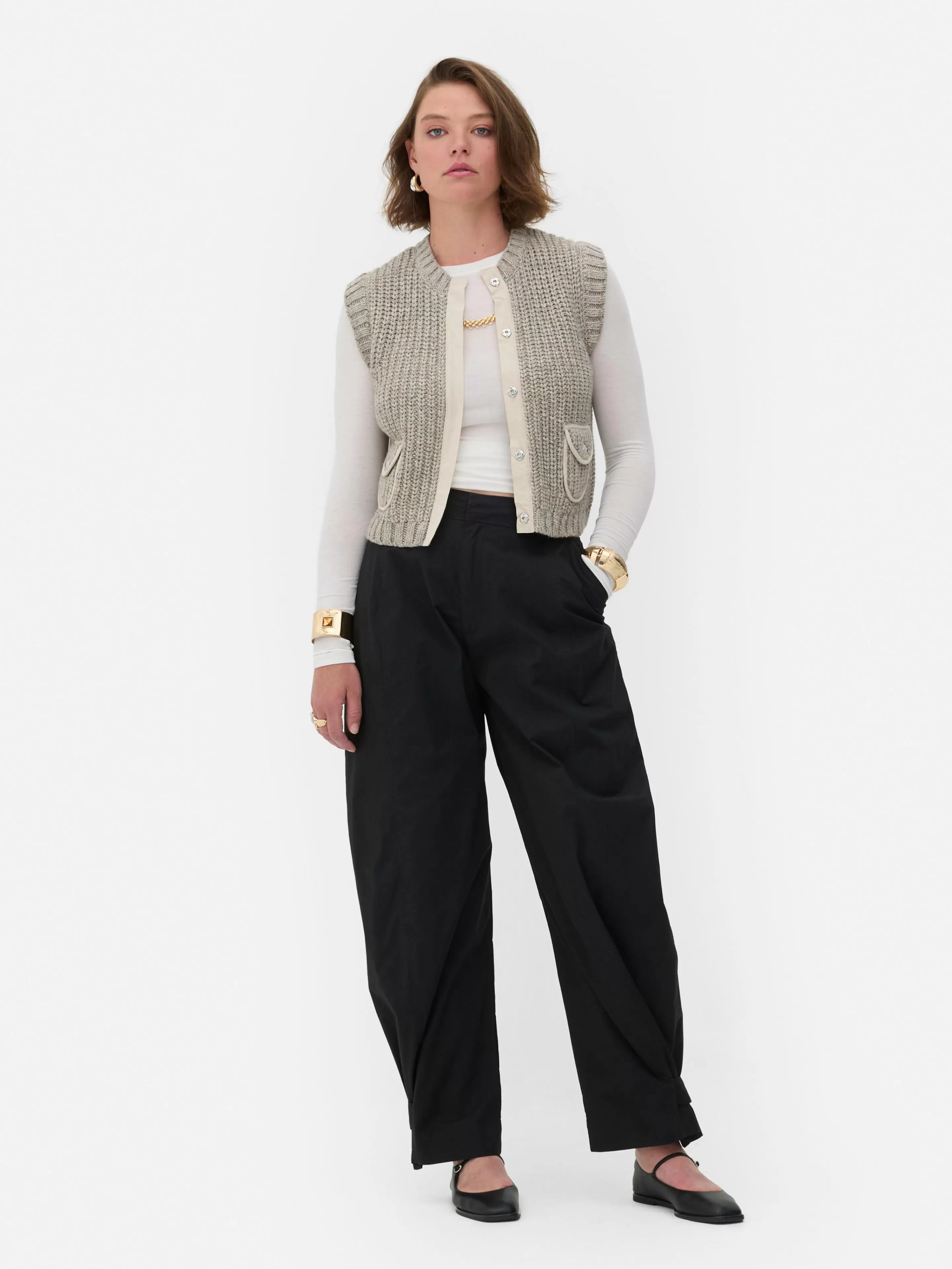 Calças E Leggings*Primark Calças Corte Barrel Utilitárias Rita Ora Preto