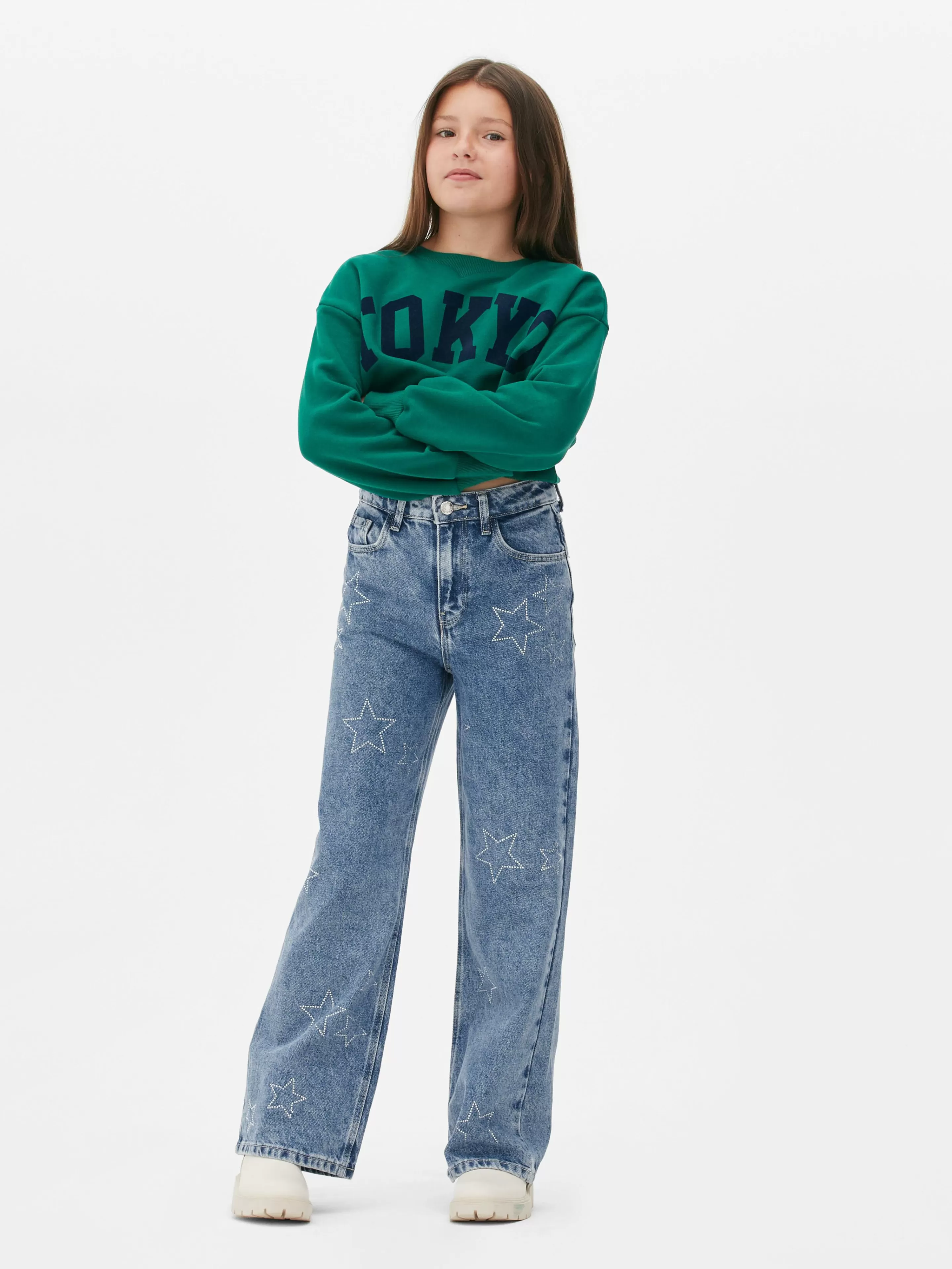 Calças De Ganga*Primark Calças Ganga Corte Perna Larga Estrela Brilhantes Azul