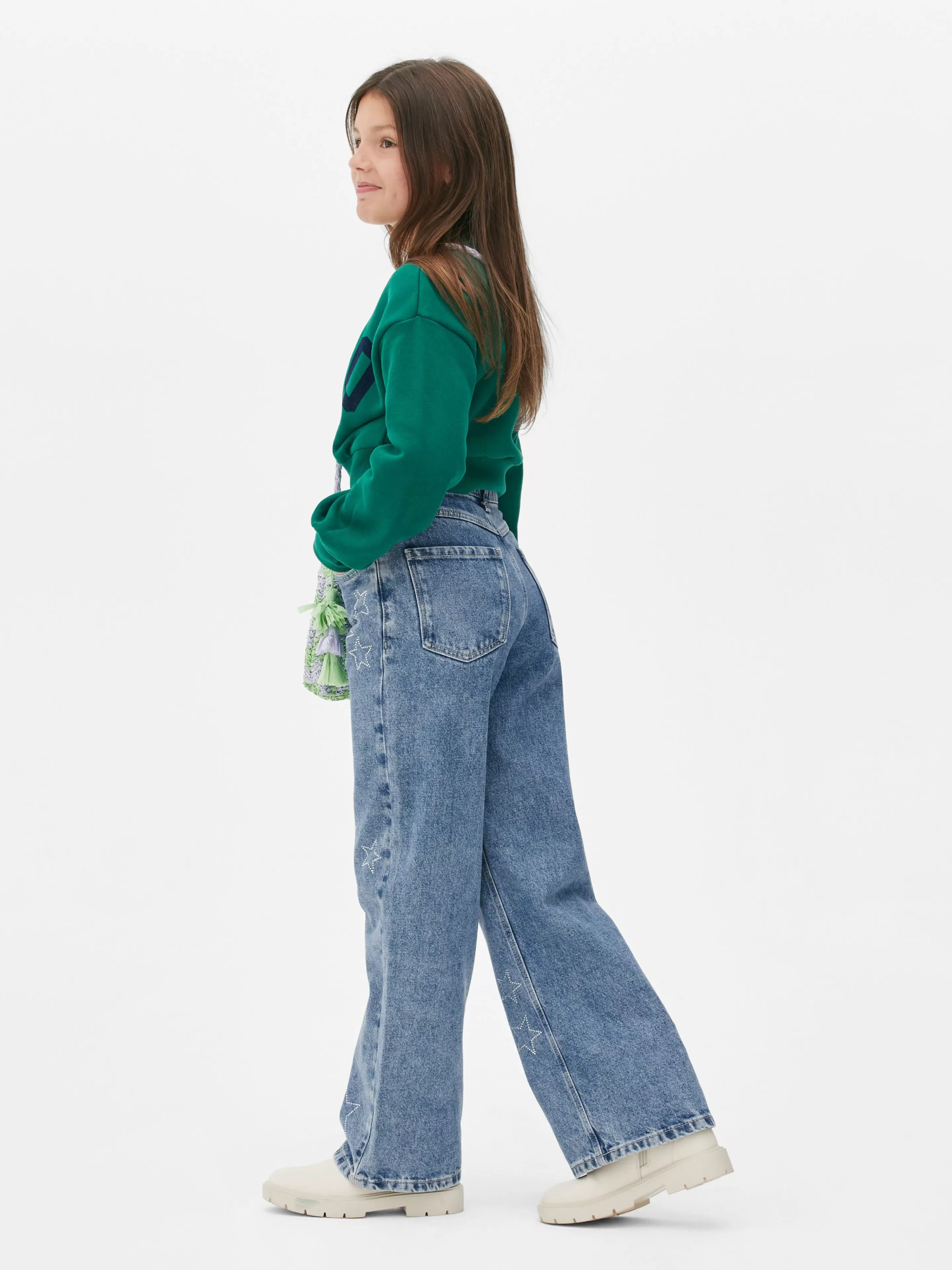 Calças De Ganga*Primark Calças Ganga Corte Perna Larga Estrela Brilhantes Azul