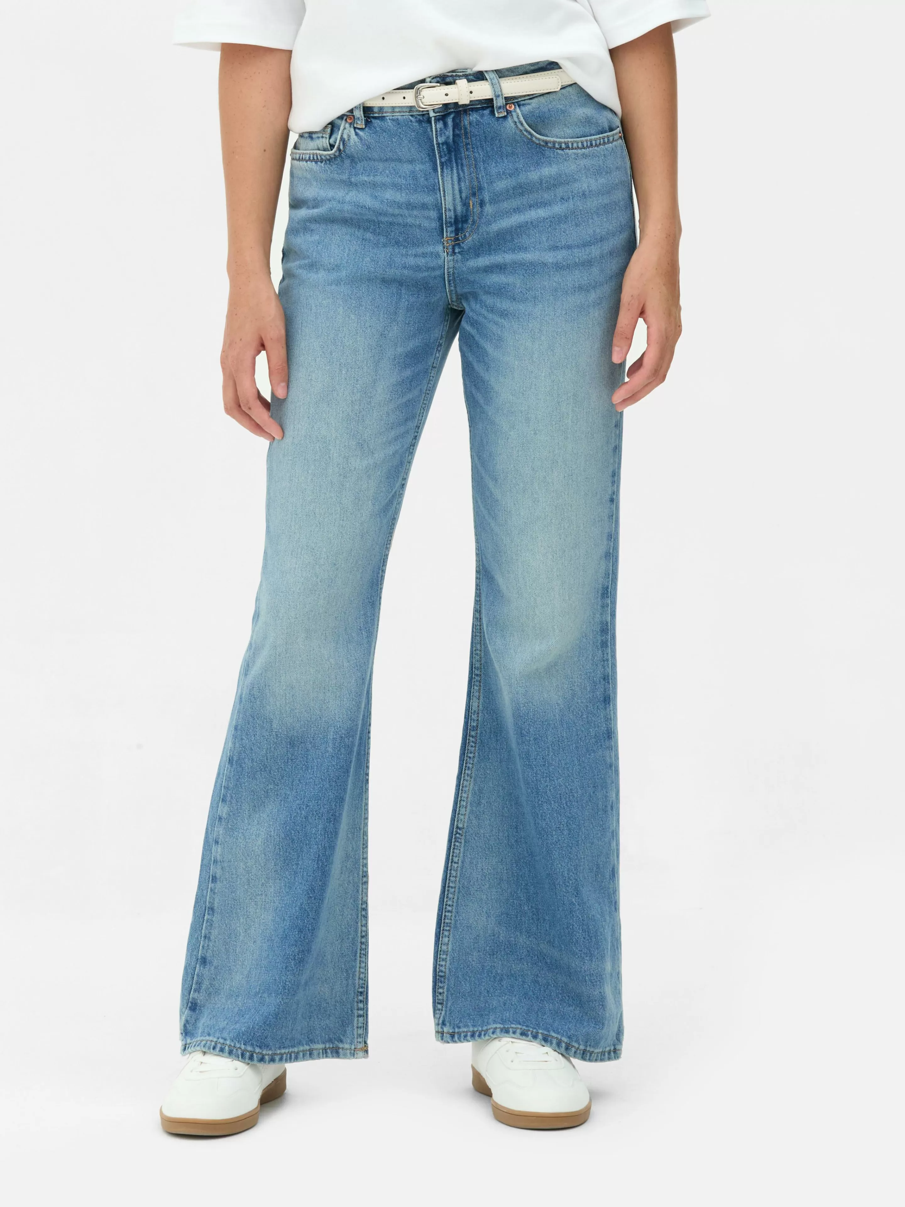Calças De Ganga*Primark Calças Ganga Rígidas Corte Boca Sino Rasgões Azul-claro
