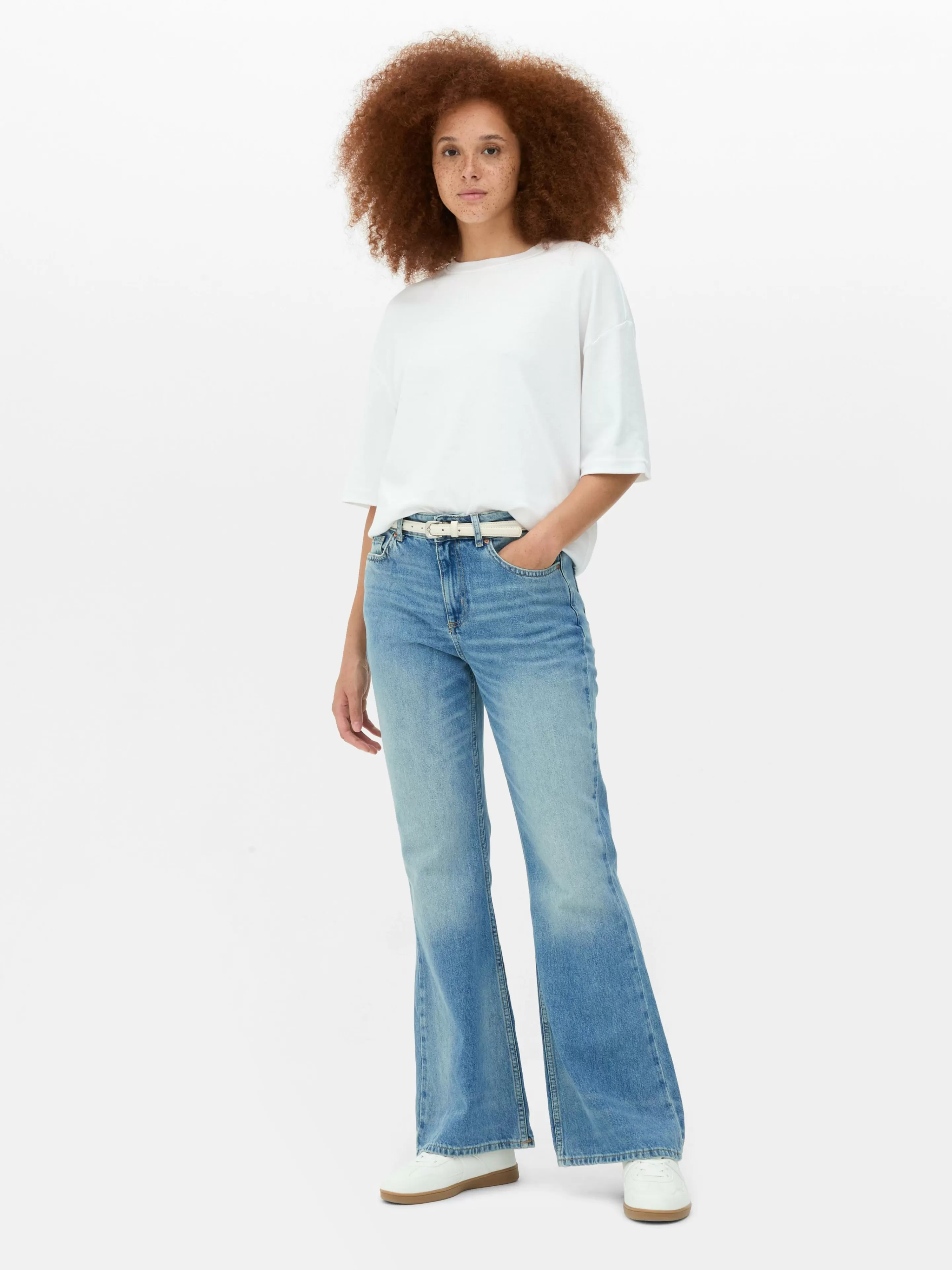 Calças De Ganga*Primark Calças Ganga Rígidas Corte Boca Sino Rasgões Azul-claro