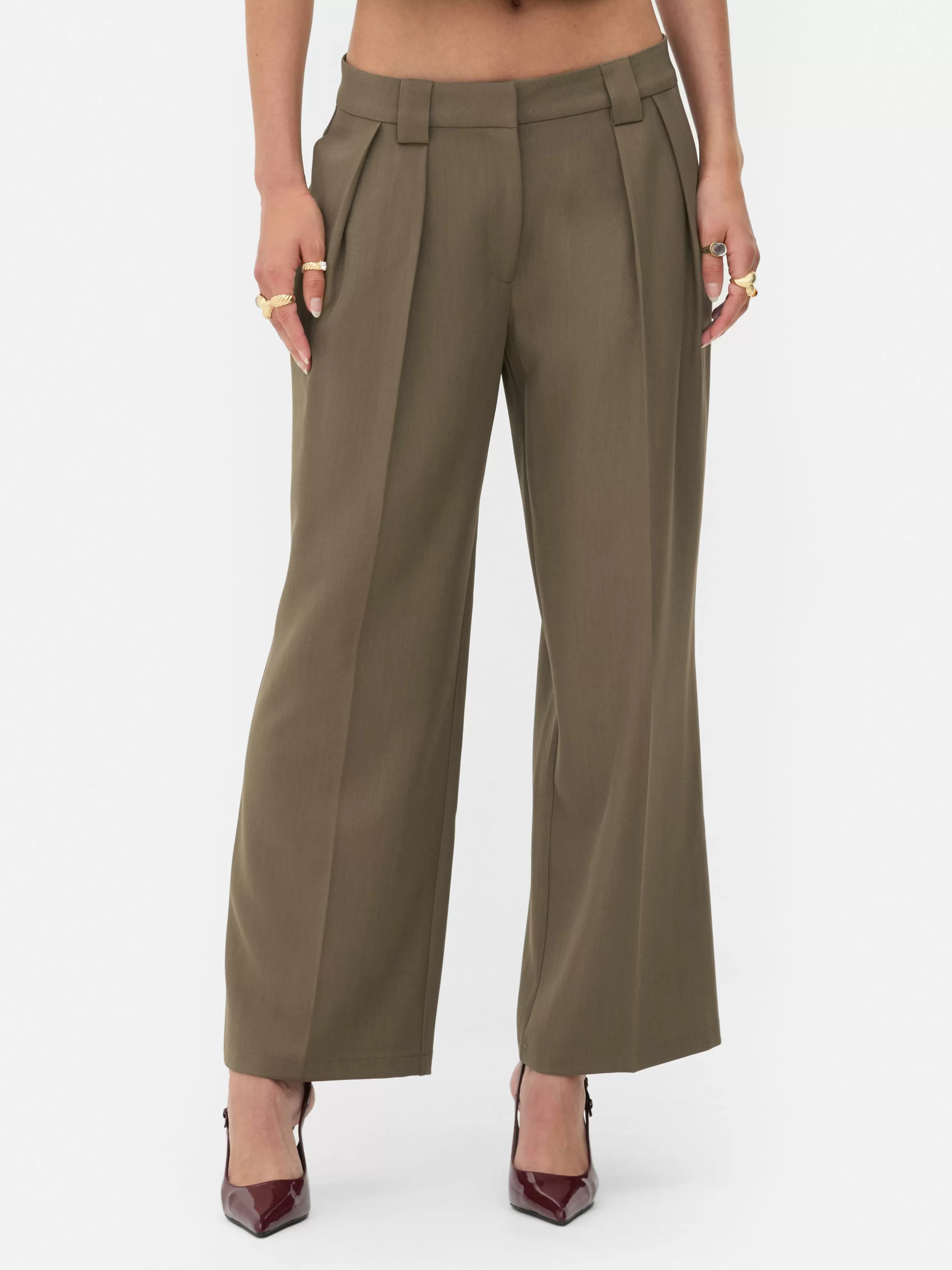 Calças E Leggings*Primark Calças Plissadas Corte Perna Larga Rita Ora Castanho