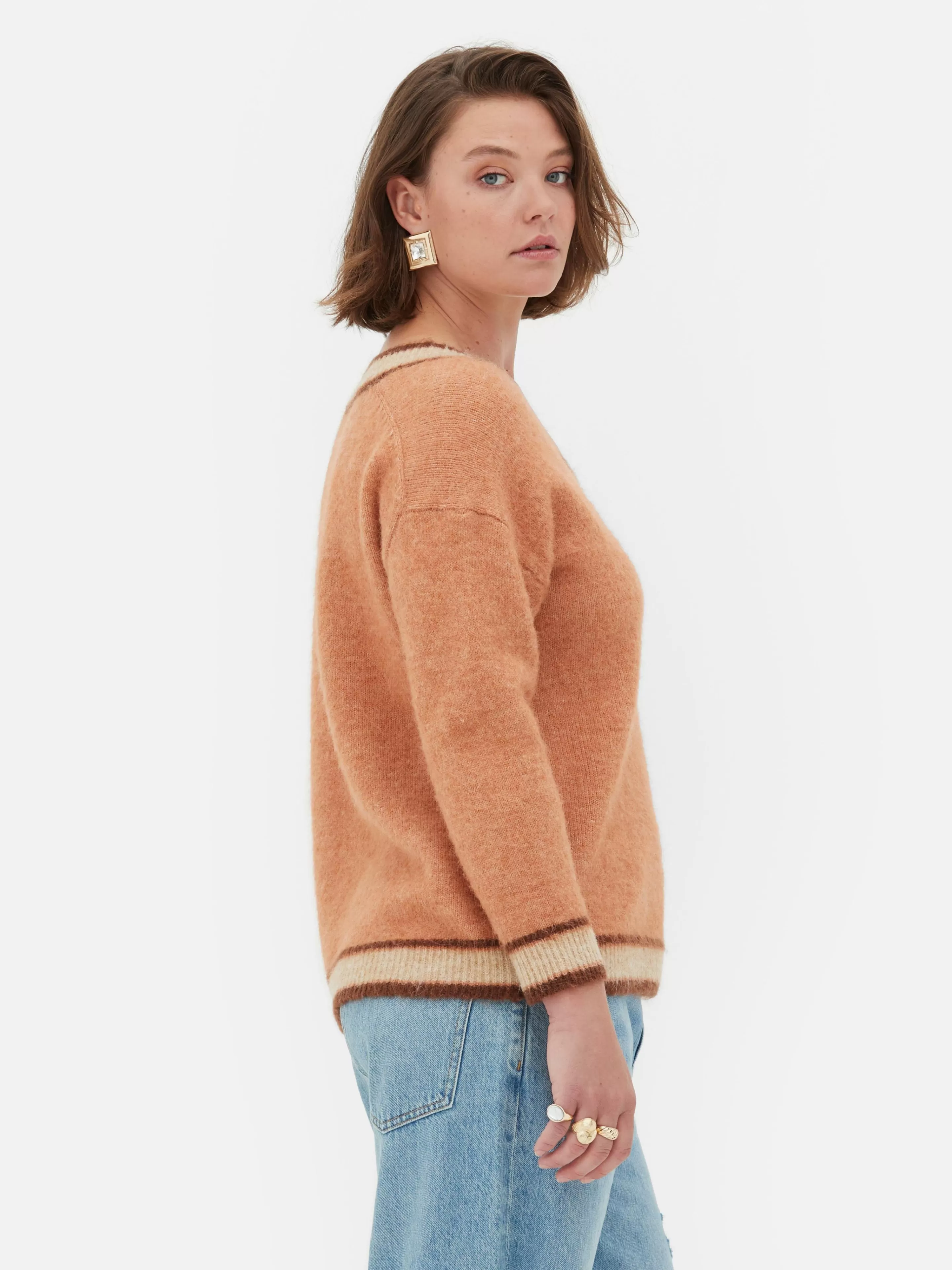 Agasalhos Inverno | Camisolas E Casacos De Malha*Primark Camisola Malha Decote V Estilo Vintage Rita Ora Pêssego