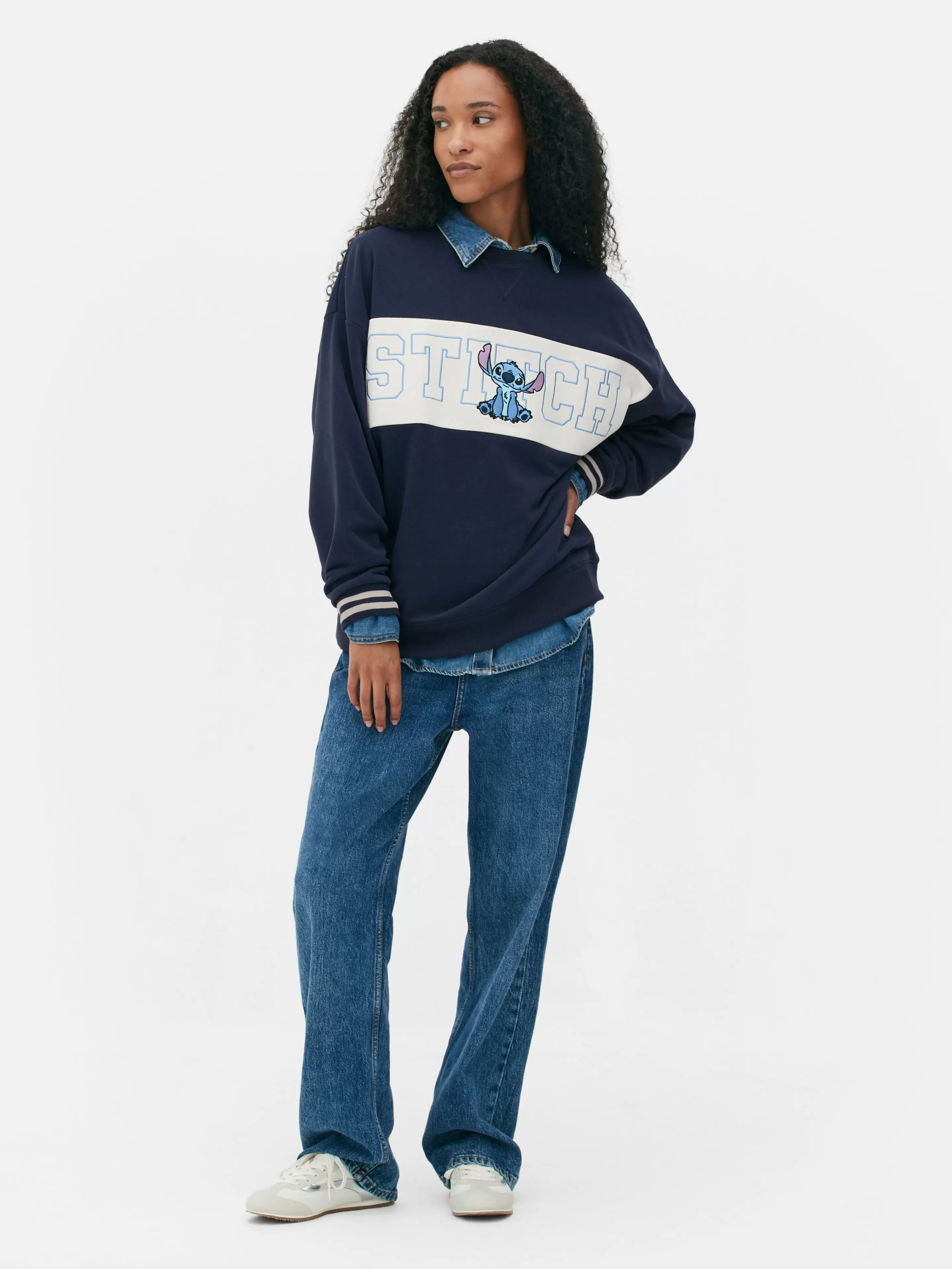 Camisolas Com E Sem Capuz*Primark Camisola Texto Contrastante Disney Stitch Azul-marinho