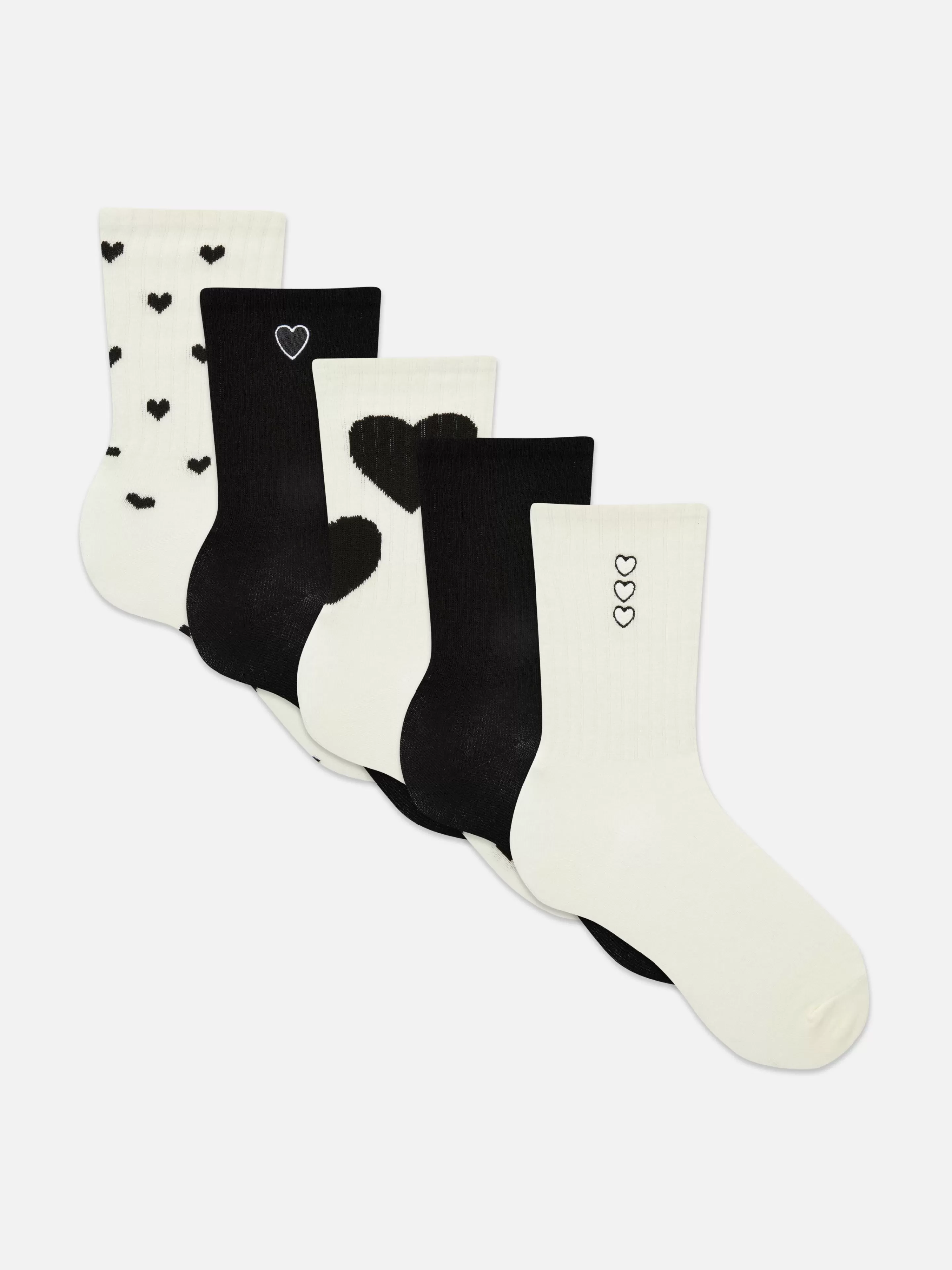 Meias*Primark Pack 5 Pares Meias Cano Médio Coração Preto/Branco