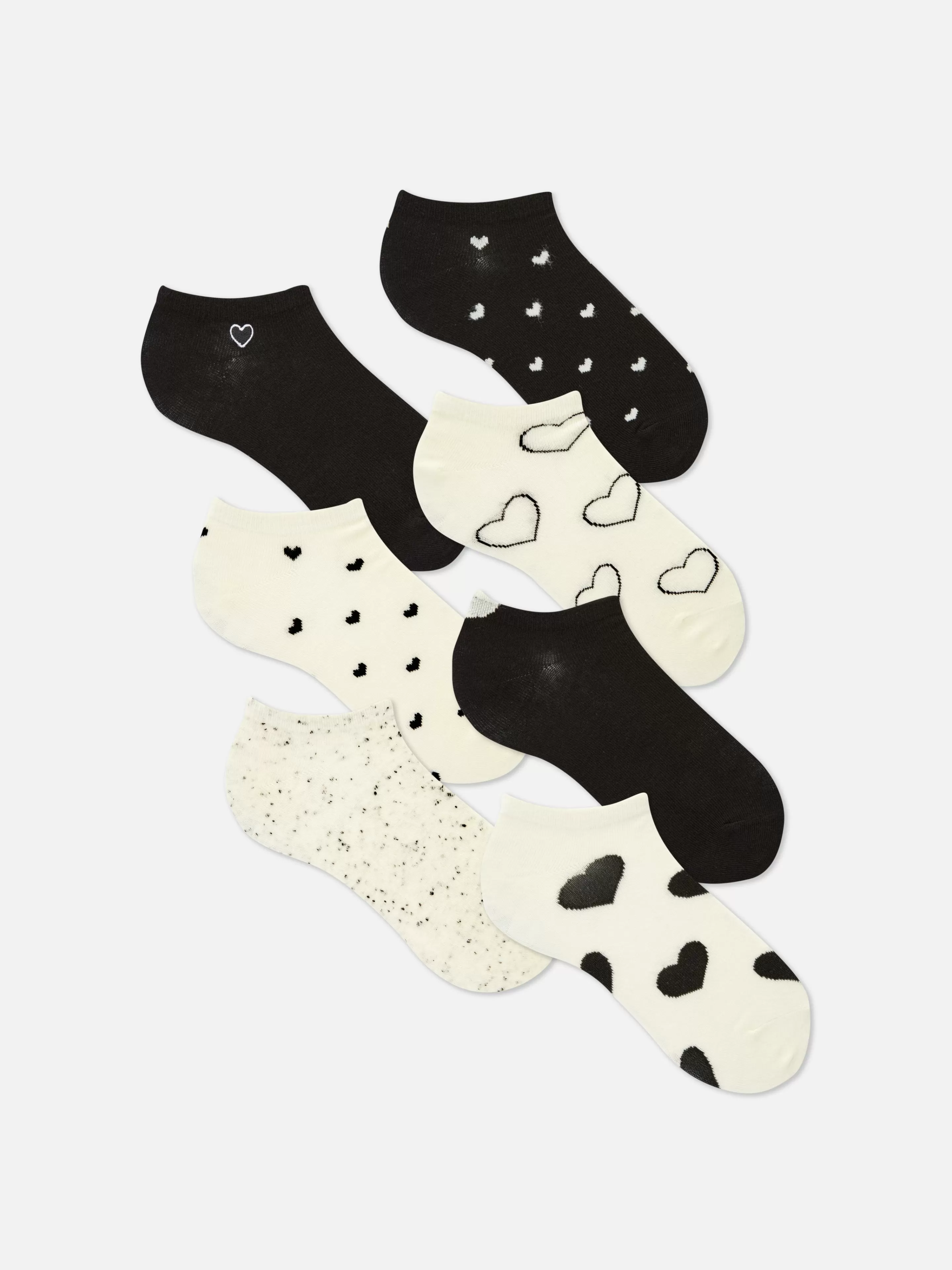 Meias*Primark Pack 7 Pares Meias Invisíveis Monocromáticas Coração Preto/Branco