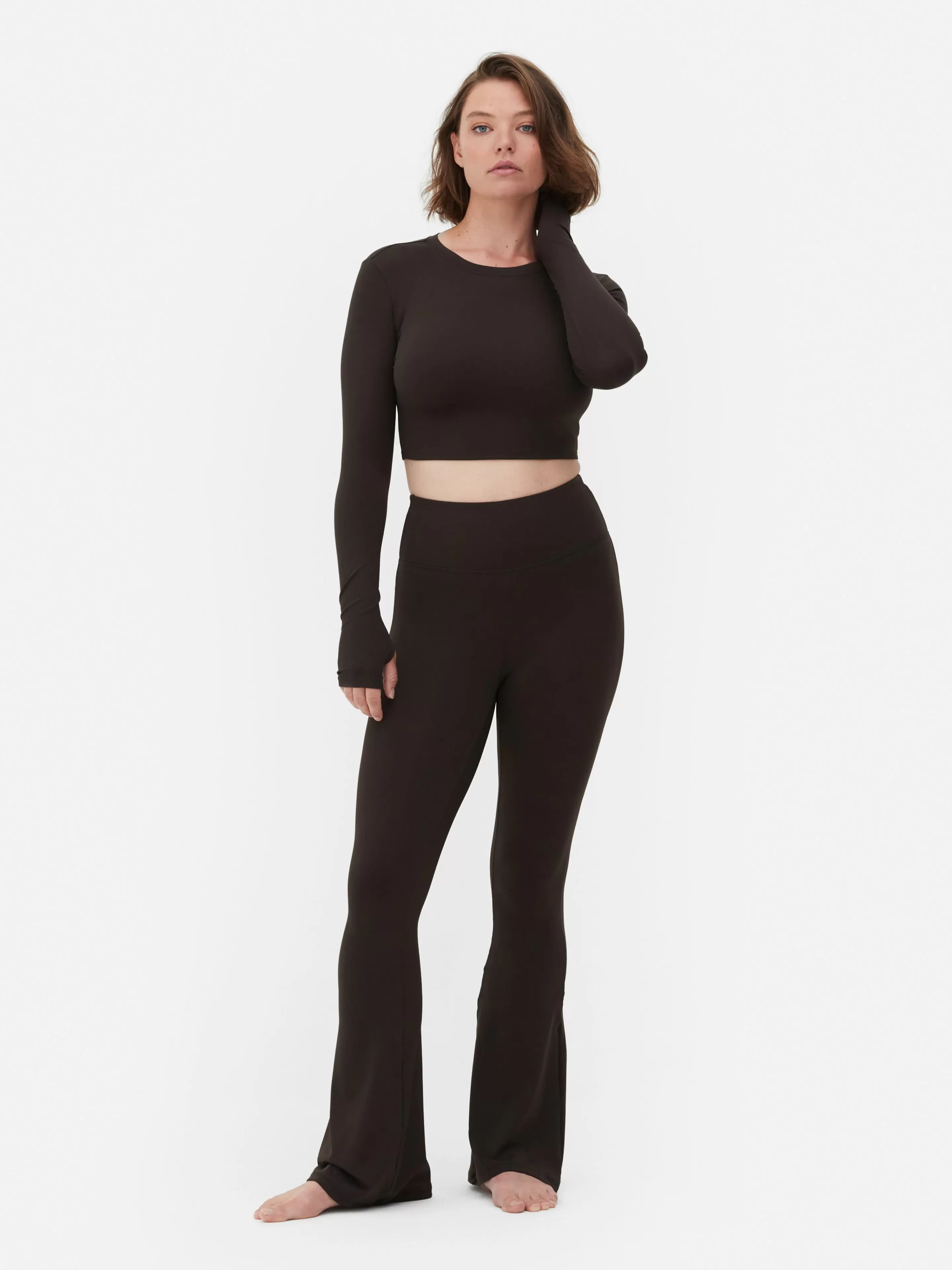 Roupas De Ginásio E De Desporto*Primark Top Curto Desporto Manga Comprida Suave Rita Ora Chocolate