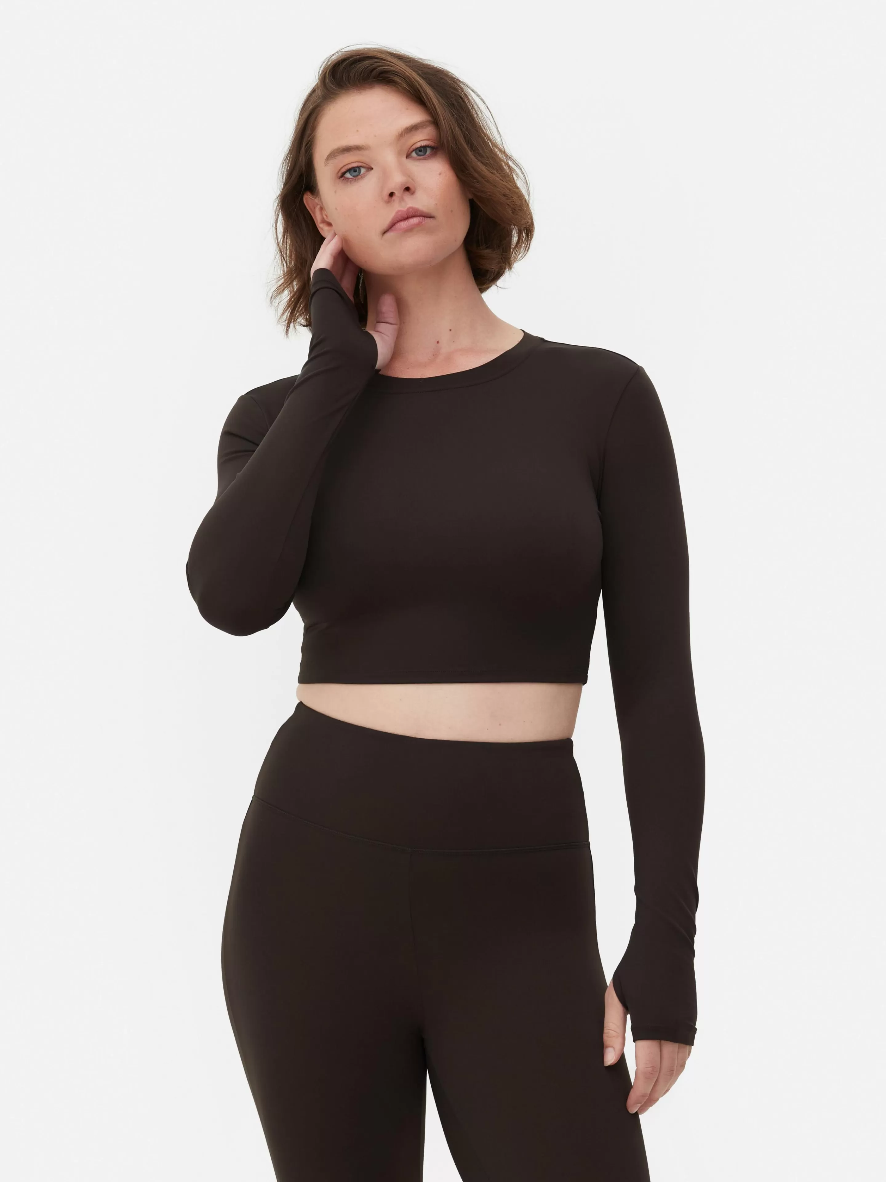 Roupas De Ginásio E De Desporto*Primark Top Curto Desporto Manga Comprida Suave Rita Ora Chocolate