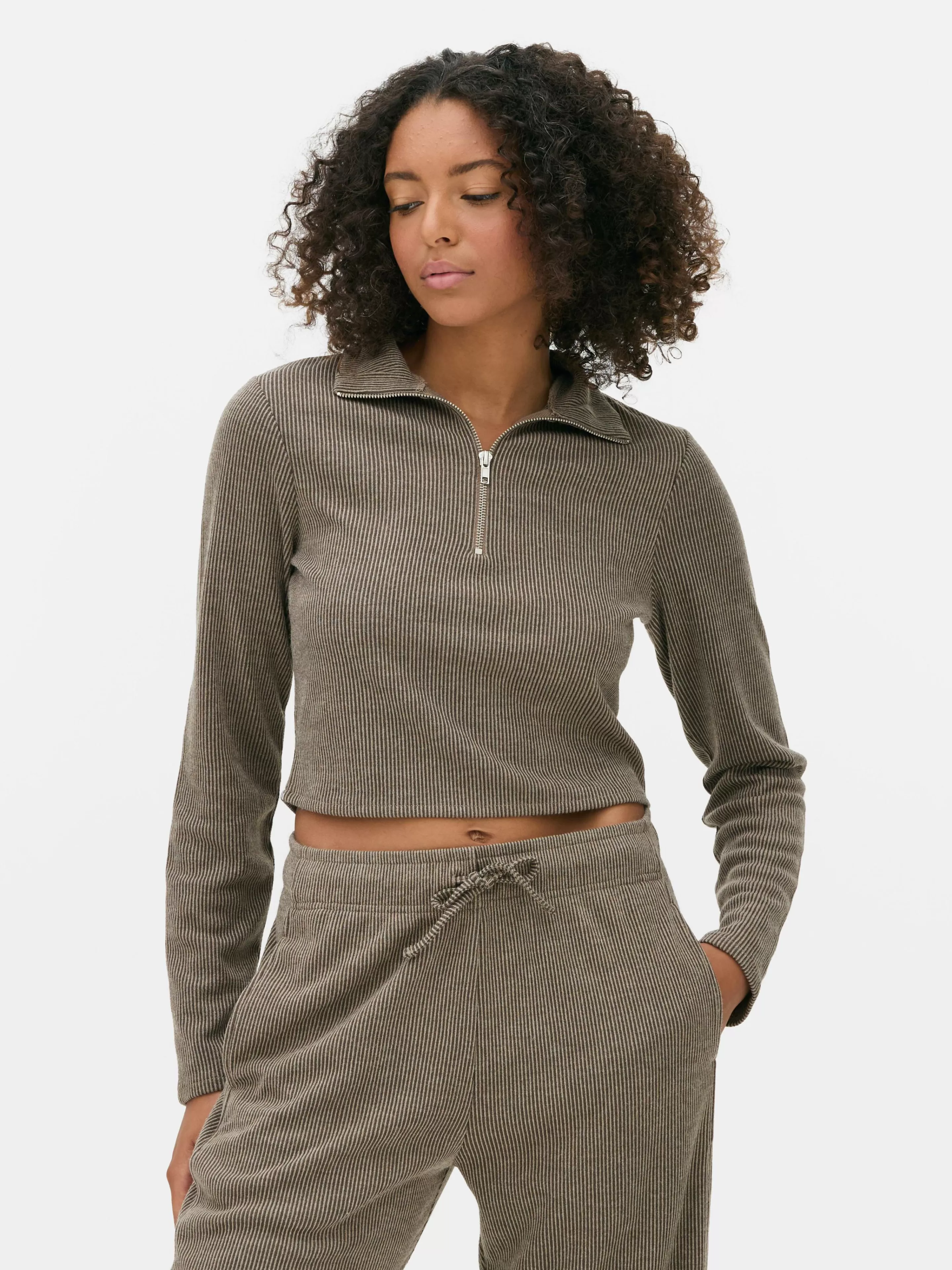 Tops E T-Shirts*Primark Top Fecho Correr 1/4 Conjunto Coordenado Cinzento-acastanhado