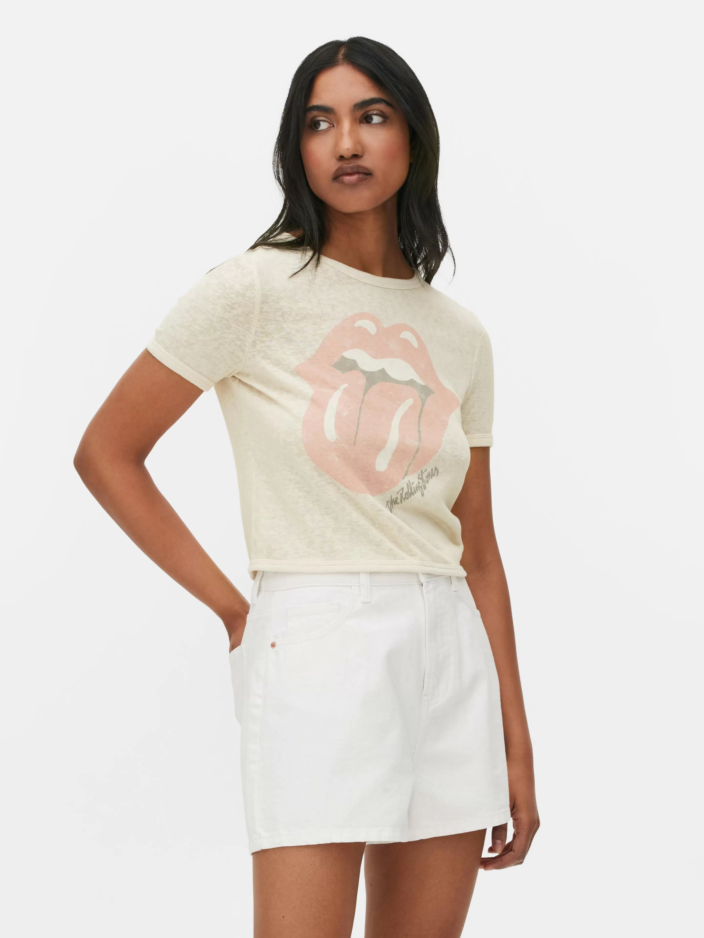 Tops E T-Shirts*Primark T-shirt Curta Logótipo The Rolling Stones Bege